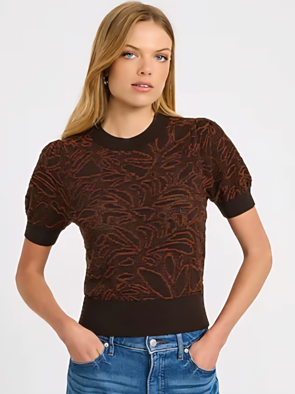 Express Cotton Crew Contrast Floral Crew Neck Puff Sleeve Sweater